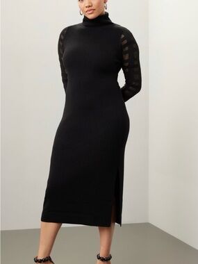 Esteban Cortazar Black Turtleneck Midi Dress with Sheer Ladder Sleeve Panels
